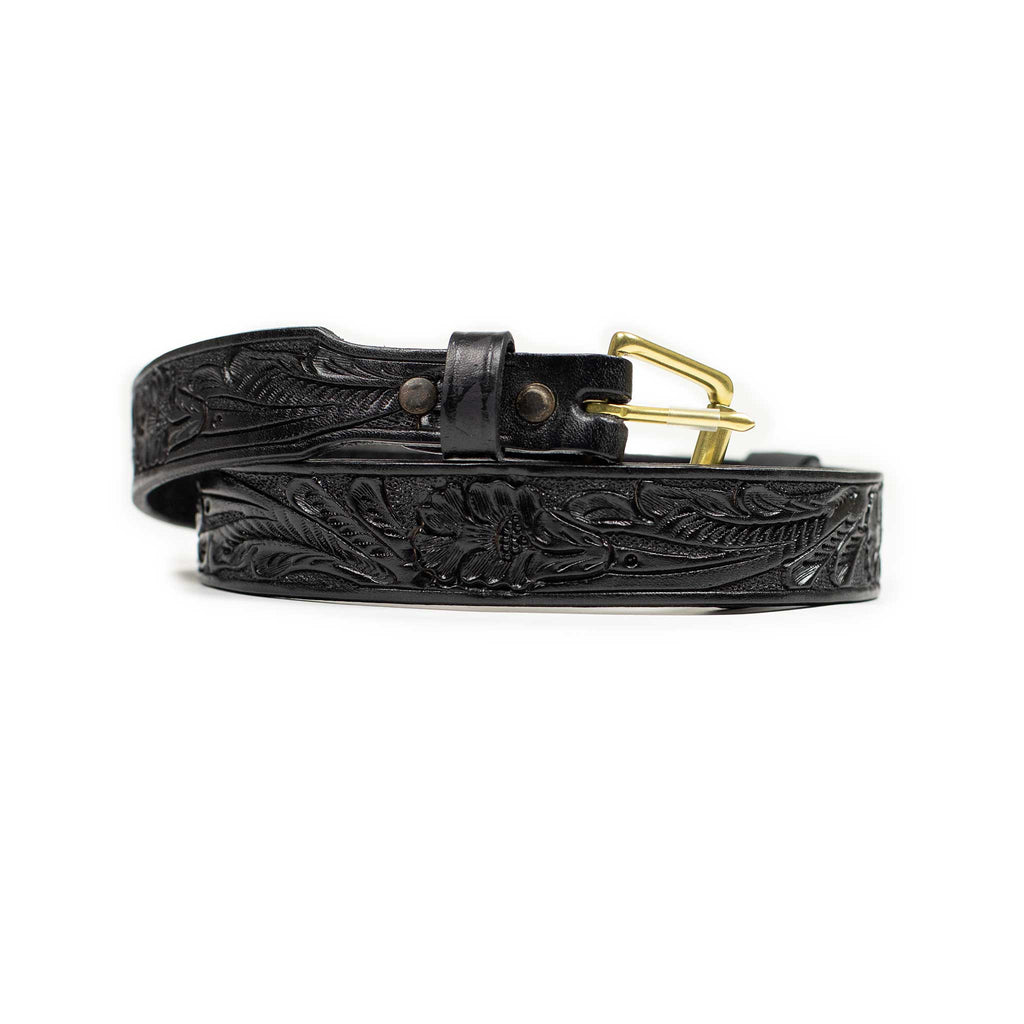 Wythe Hand-tooled leather belt in black – No Man Walks Alone