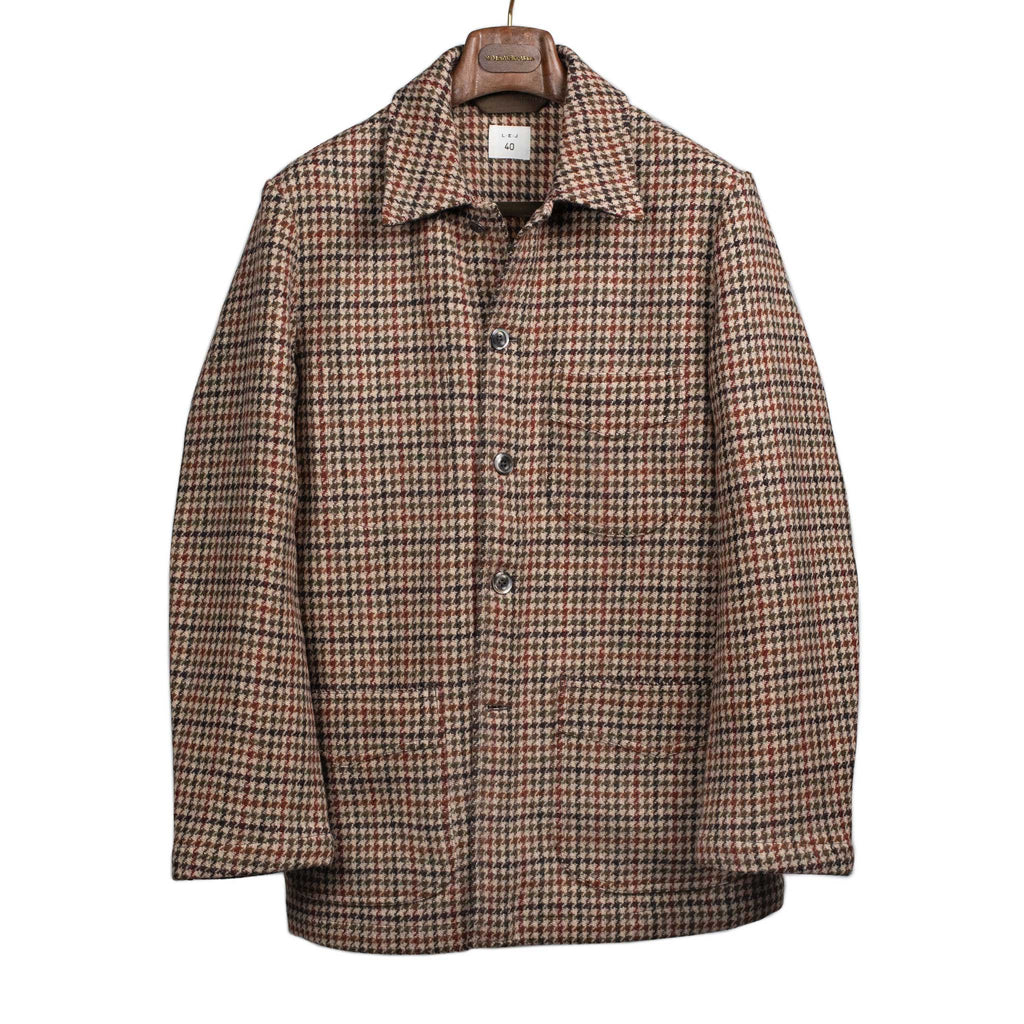 LEJ FW24 Winter Plage coat in beige, red and green Harris Tweed