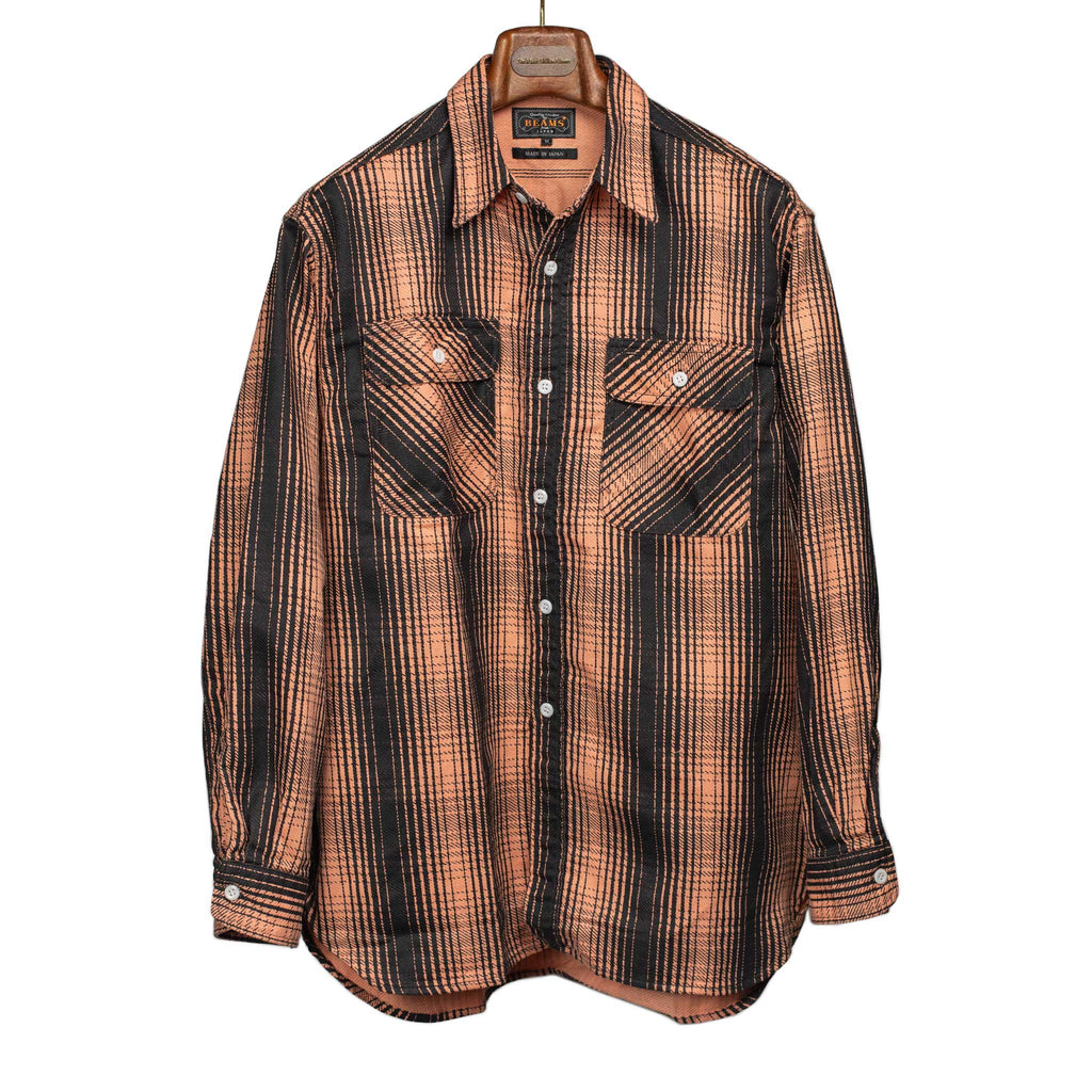 Beams Plus FW24 Work shirt in black and salmon plaid heavy cotton 