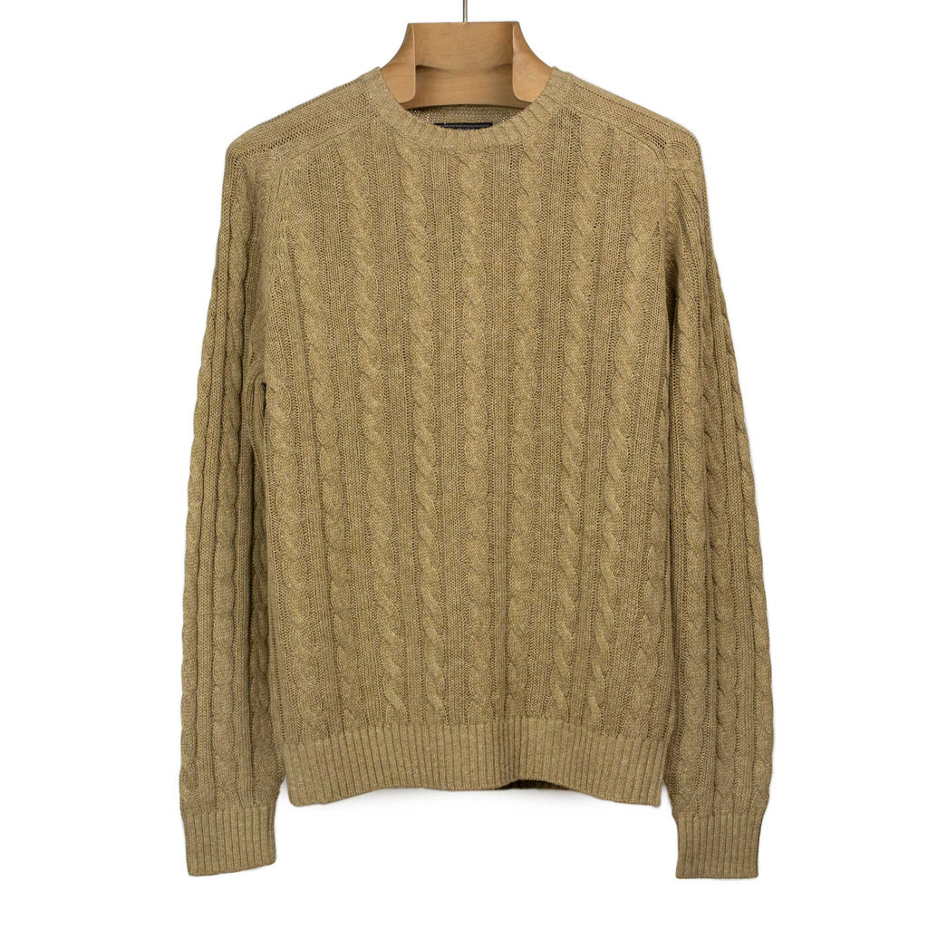 Beams Plus Crewneck cable knit sweater in khaki linen and cotton