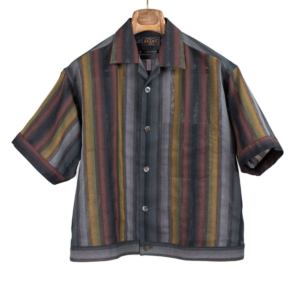 Beams Plus SS26 Cabana boy shirt in charcoal sunset mesh stripe