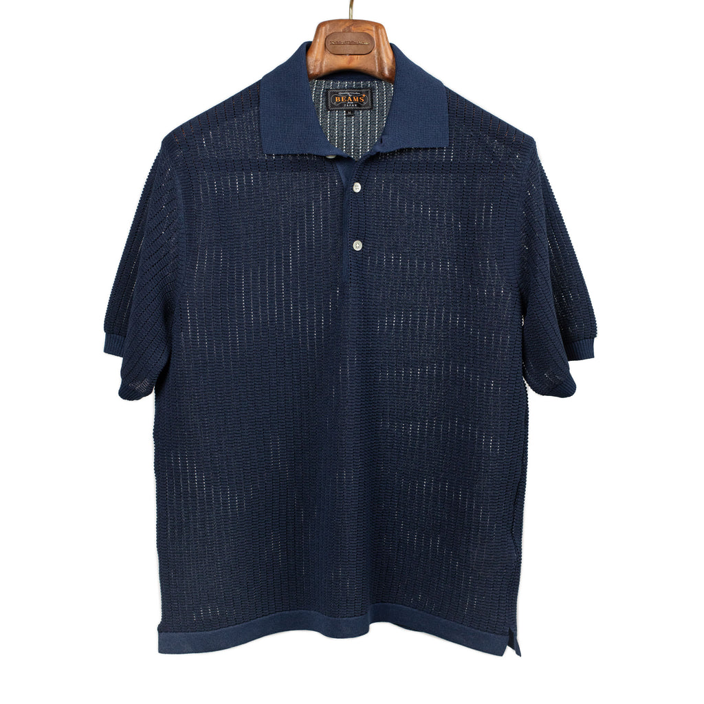 Beams Plus SS26 Short sleeve knit polo in navy blue Japanese paper