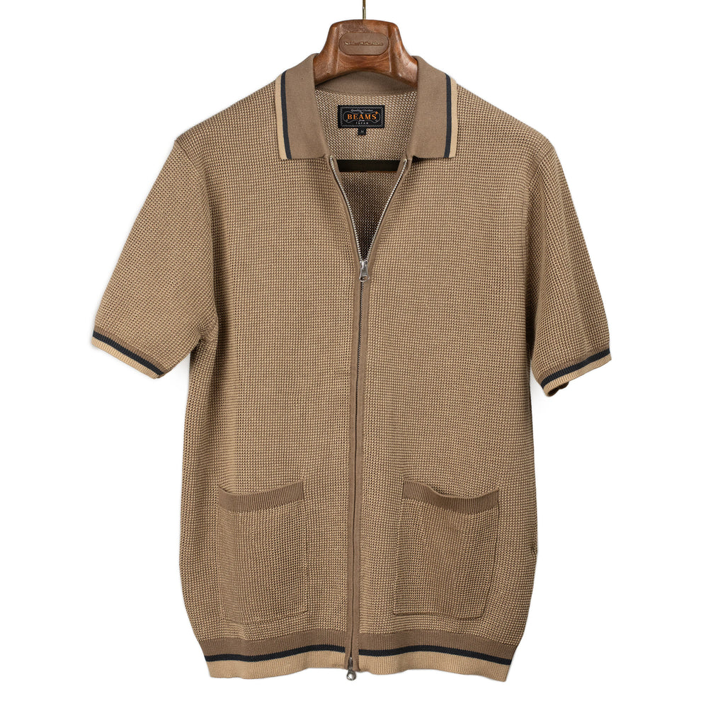 Beams Plus SS25 Zip knit polo in tan and beige jacquard