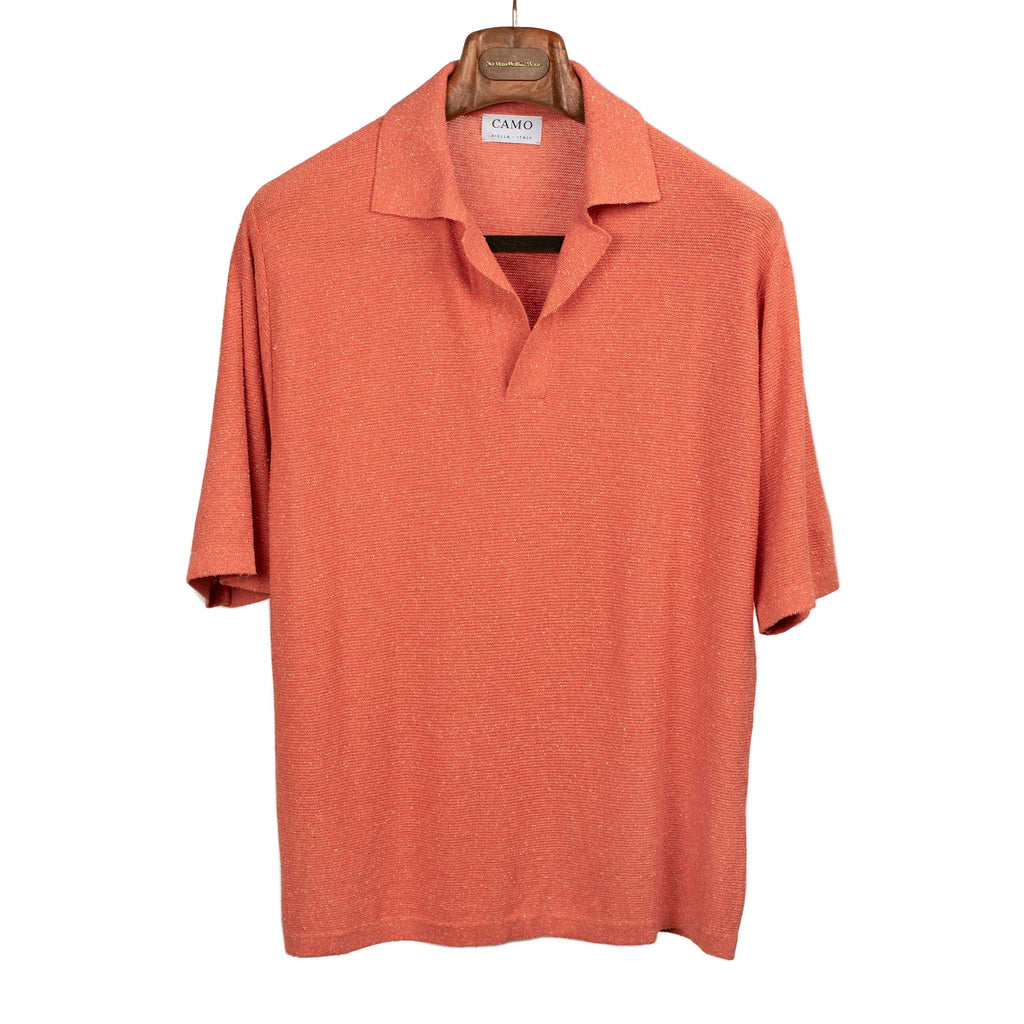 Marsala knit skipper polo in coral pure silk bourette