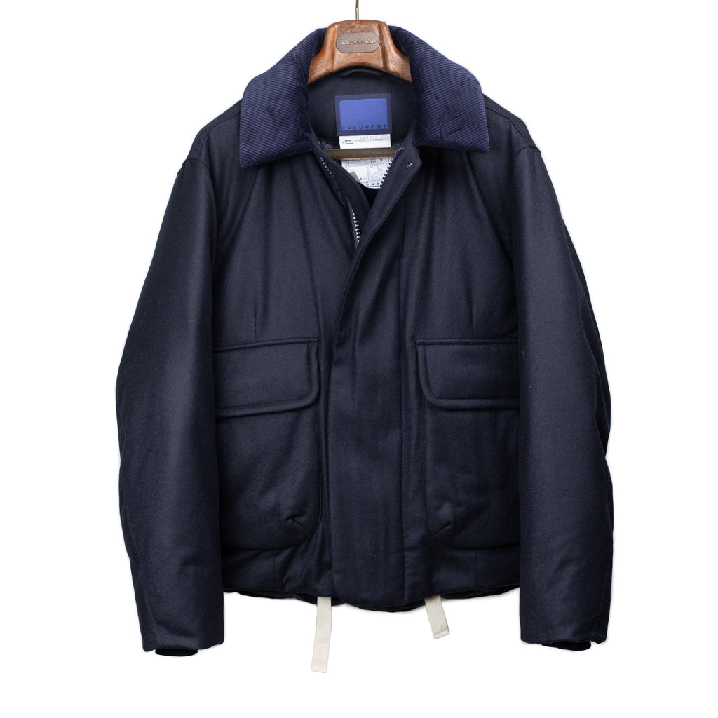 Document FW25 Down jacket in navy blue wool and cashmere