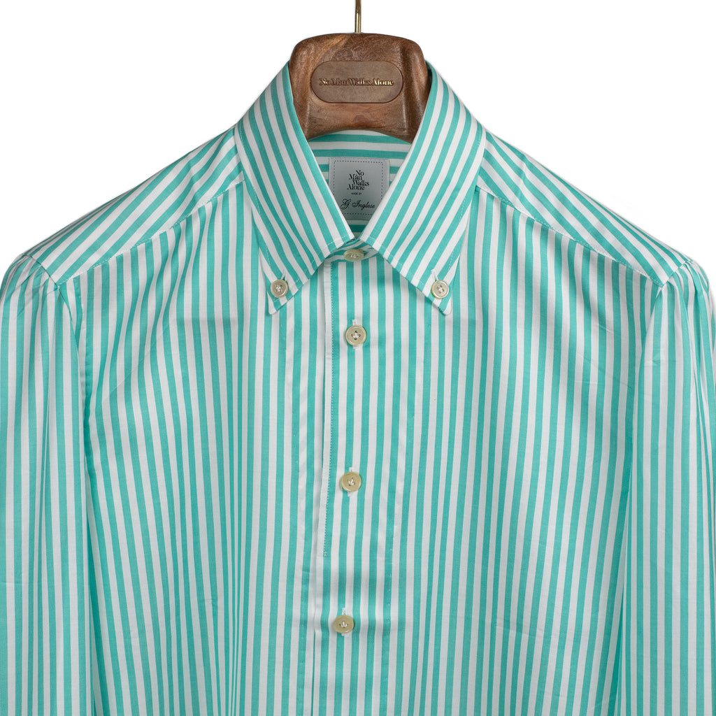 G. Inglese SS26 Tiffany green striped cotton shirt, Anacapri buttoned collar, beige MOP buttons – No Man Walks Alone