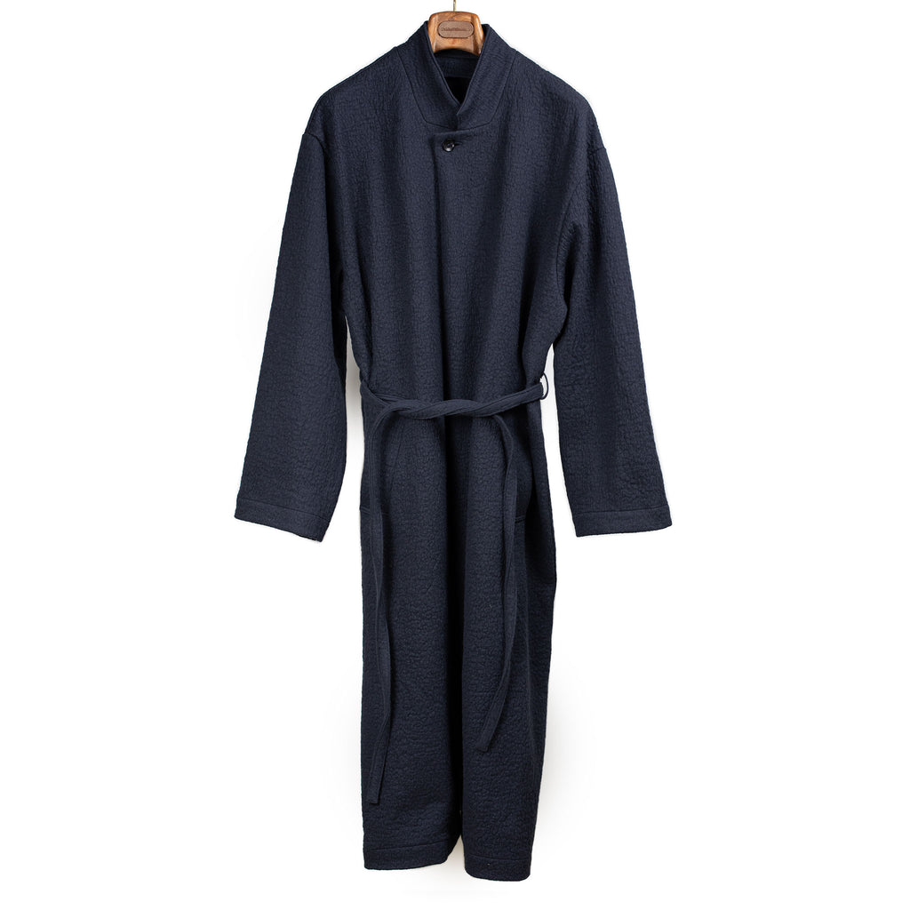 IKIJI FW26 Belted stand collar coat in navy blue double-faced