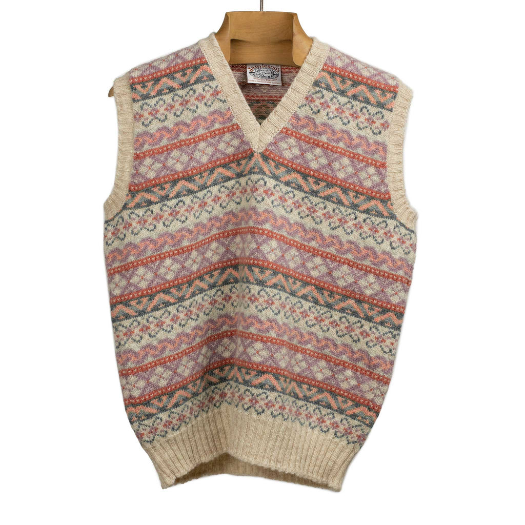 Jamieson's Fair Isle v-neck sweater vest, ecru, mauve, green – No 