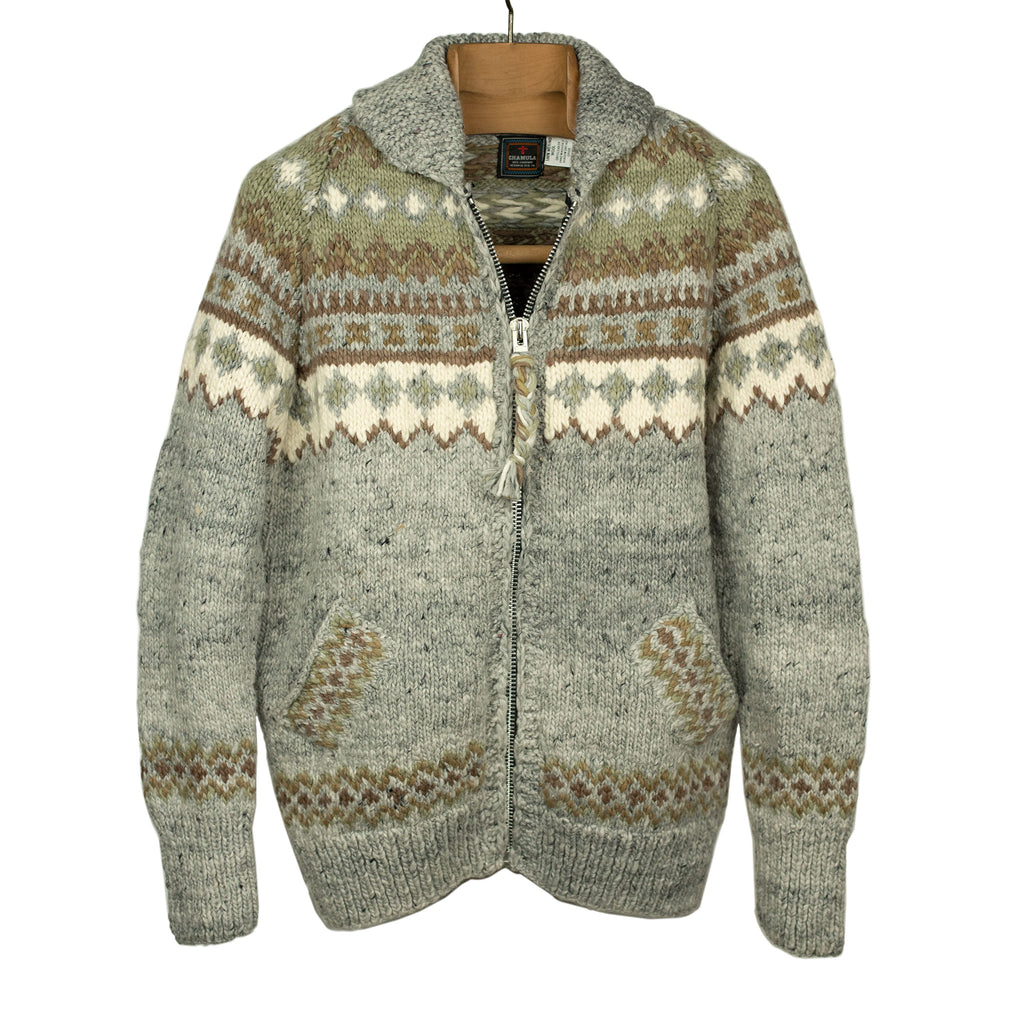 Monitaly FW24 Chamula hand-knit Fair Isle zipper cardigan in Pearl
