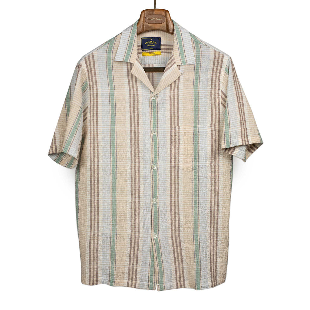 camp português Beira camp collar shirt in seafoam and beige plaid cotton seersucker