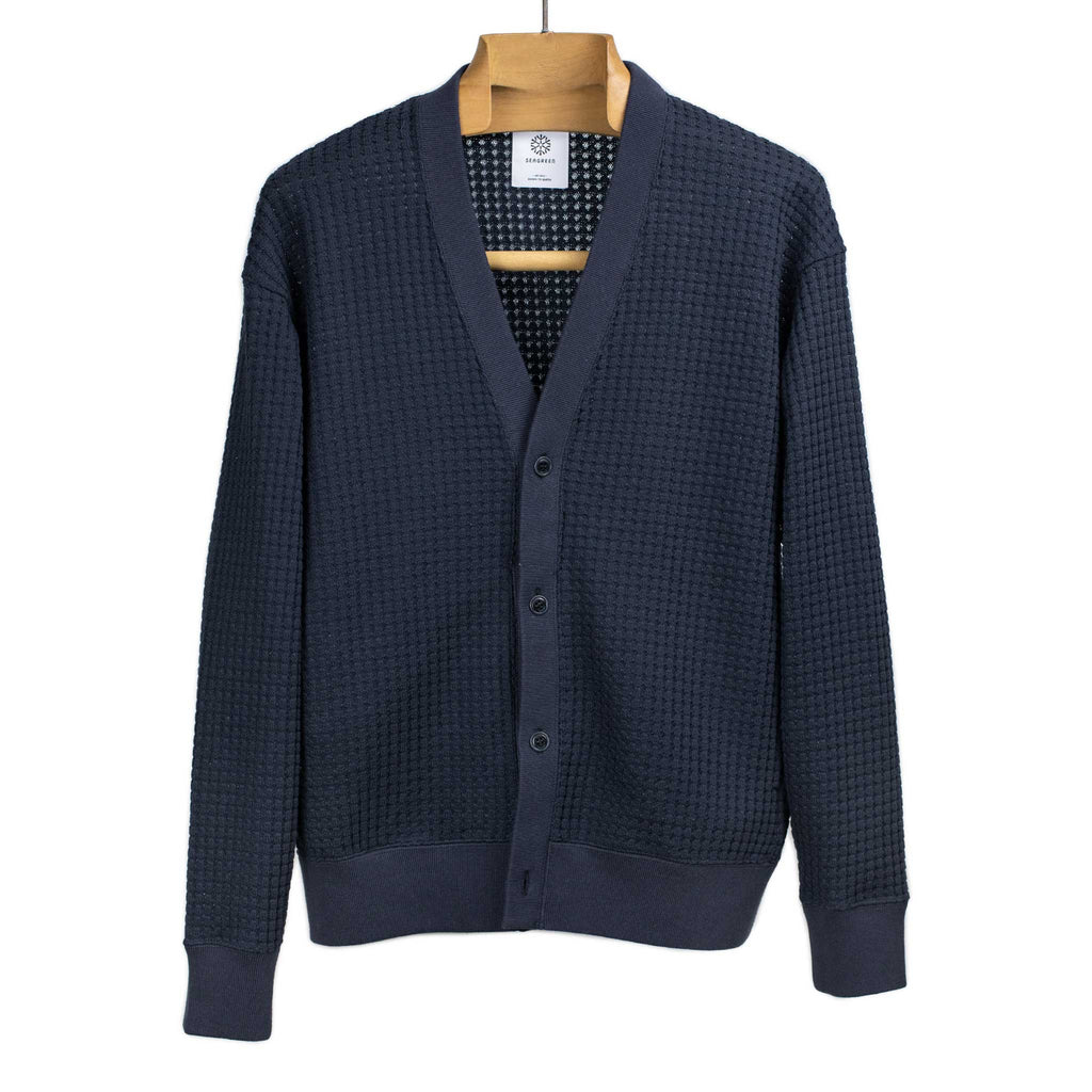 Seagreen FW25 Cardigan in navy signature big waffle knit cotton
