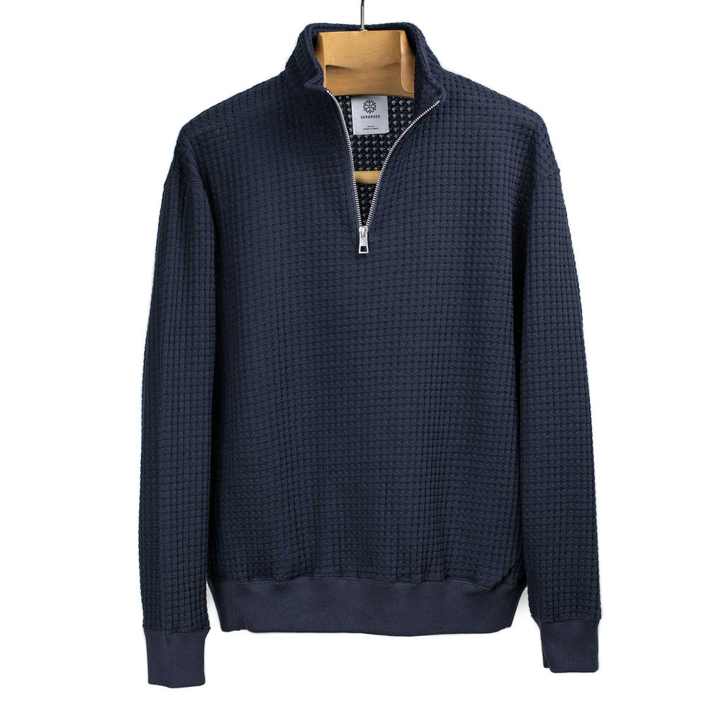 Seagreen FW25 Quarter zip pullover in navy signature big waffle