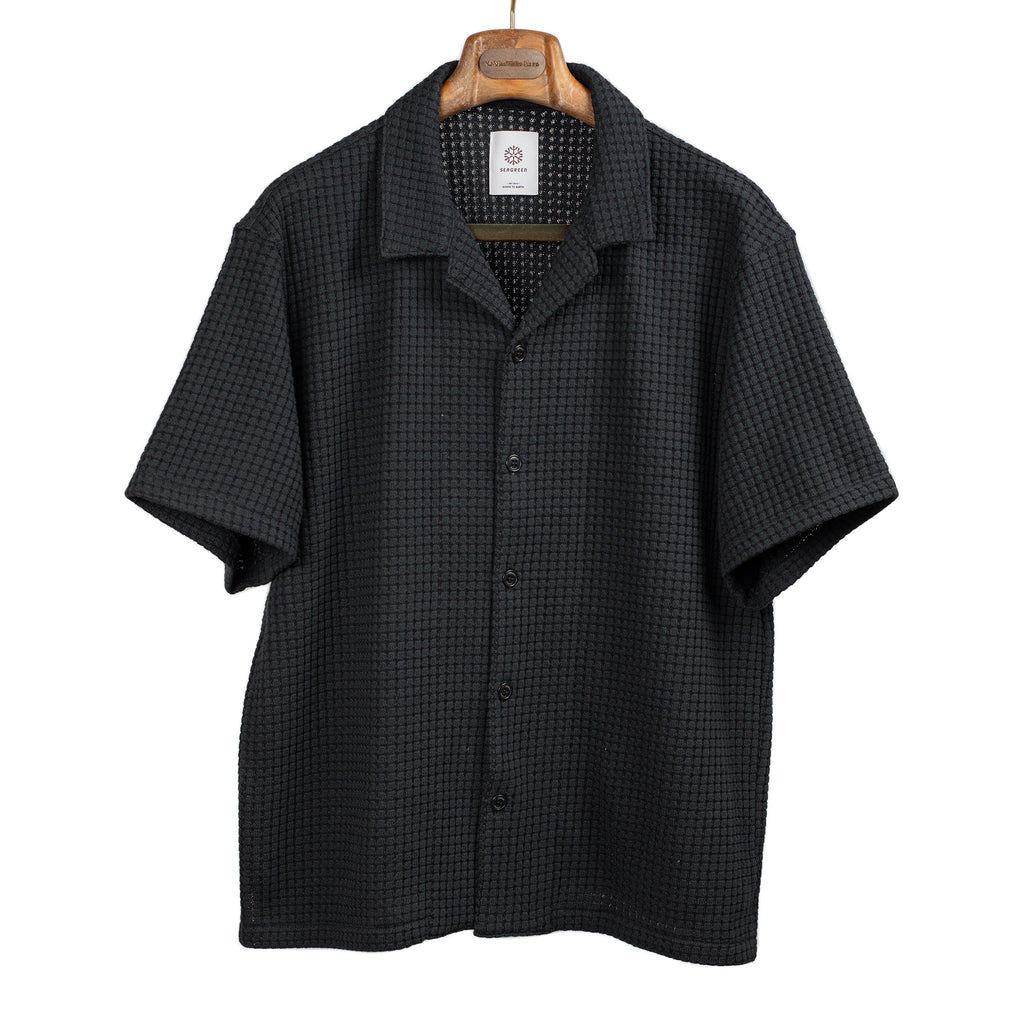 Seagreen SS26 Open collar shirt in black big waffle cotton mix