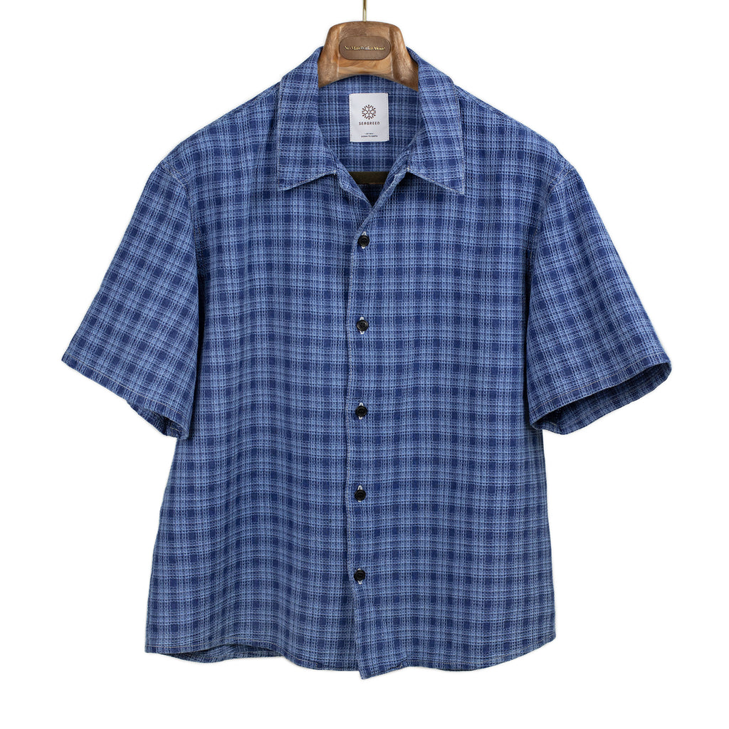 Seagreen SS26 Short sleeve shirt in indigo check textured cotton