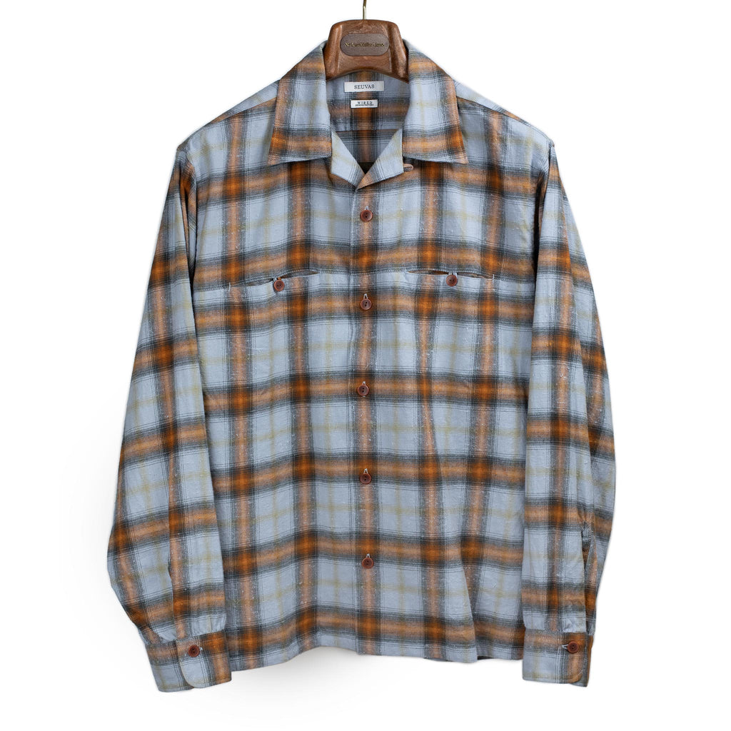 Seuvas FW25 Open collar shirt in saxe blue and orange plaid neppy