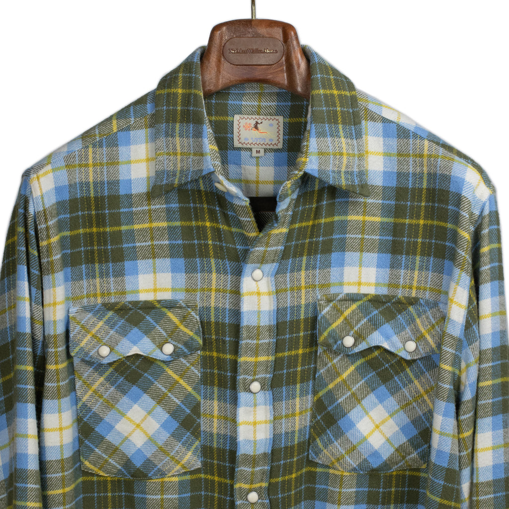 Wythe FW25 Pearlsnap Western shirt in Gold Ravine washed cotton flannel No Man Walks Alone Wythe FW25 Pearlsnap Western shirt in Gold Ravine washed cotton flannel No Man Walks Alone