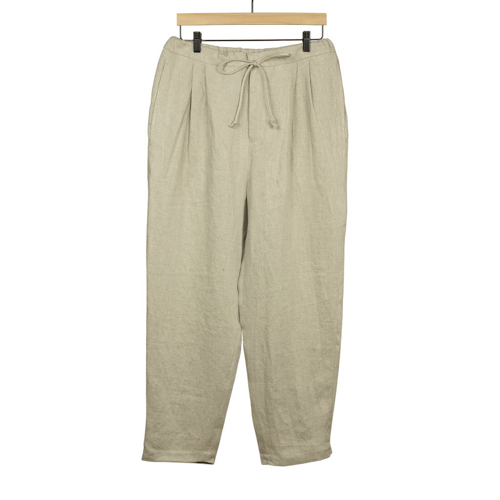 Pleated drawstring trousers in soft oatmeal washed linen twill