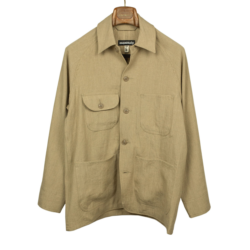 Monitaly Coverall chore jacket in enzyme washed beige linen and cotton