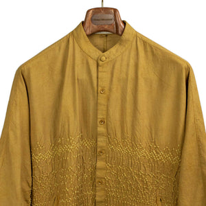 Macca band collar kimono-sleeved shirt in flaxen yellow bandhani dyed cotton