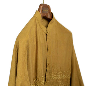 Macca band collar kimono-sleeved shirt in flaxen yellow bandhani dyed cotton