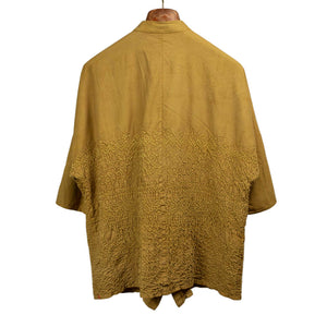 Macca band collar kimono-sleeved shirt in flaxen yellow bandhani dyed cotton