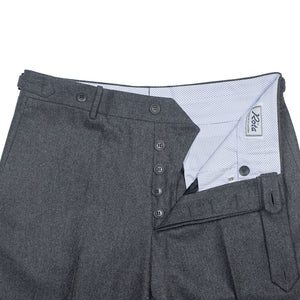 Higher-rise side tab trousers in mid grey wool flannel (restock)