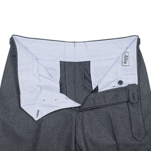 Higher-rise side tab trousers in mid grey wool flannel (restock)