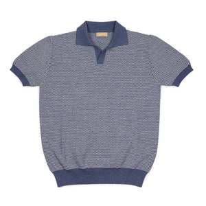 Beechworth short sleeve knit polo in blue and white cotton and linen