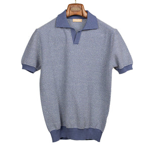 Beechworth short sleeve knit polo in blue and white cotton and linen