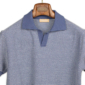 Beechworth short sleeve knit polo in blue and white cotton and linen