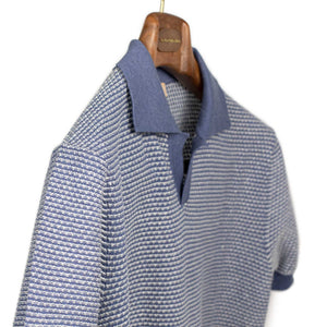 Beechworth short sleeve knit polo in blue and white cotton and linen