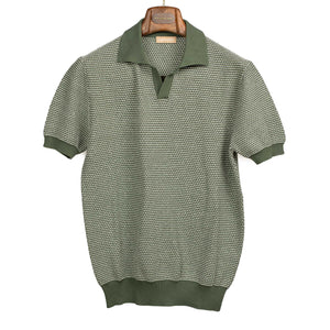 Beechworth short sleeve knit polo in green and white cotton and linen