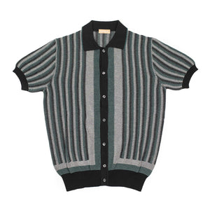 Ripley short sleeve knit shirt in petrol, black and grey striped cotton