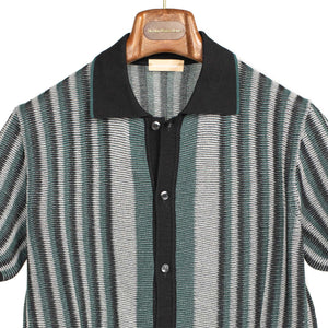 Ripley short sleeve knit shirt in petrol, black and grey striped cotton