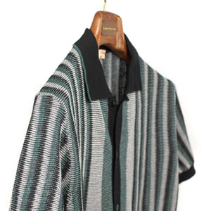 Ripley short sleeve knit shirt in petrol, black and grey striped cotton