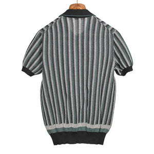 Ripley short sleeve knit shirt in petrol, black and grey striped cotton