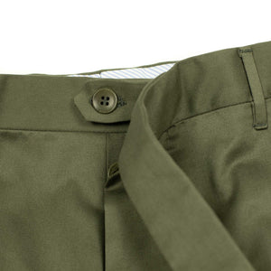 Flat-front trousers in olive green medium-weight cotton twill