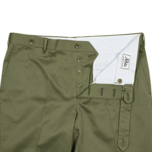 Flat-front trousers in olive green medium-weight cotton twill