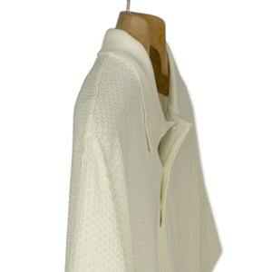 Knit short sleeve cotton polo, ecru mini diamond pattern