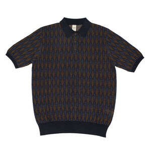 Knit short sleeve linen cotton polo, tan and blue retro diamond