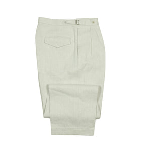 Pleated side-tab trousers in bleached natural linen herringbone