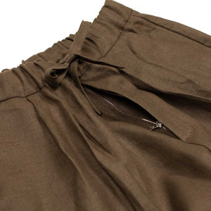 Pleated drawstring easy pants in chocolate brown Irish linen