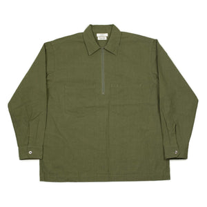 Zip popover shirt jacket in olive green exclusive slubby cotton oxford