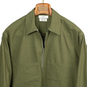 Zip popover shirt jacket in olive green exclusive slubby cotton oxford