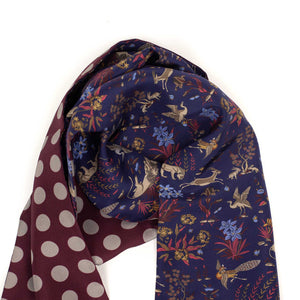 Double-sided hand-printed silk scarf, nature and polka dot sides