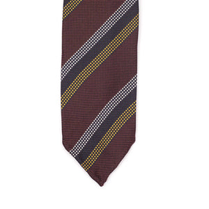 Maroon silk grenadine tie, gold brown and silver dotted stripes