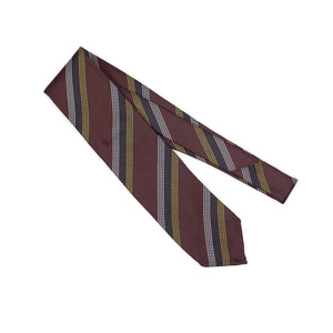 Maroon silk grenadine tie, gold brown and silver dotted stripes