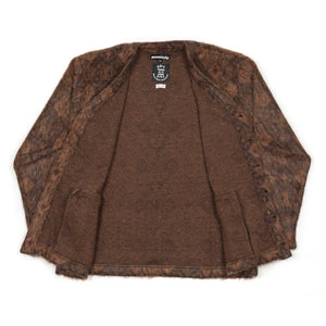 Shaggy v-neck cardigan in brown and black talisman pattern (10th anniversary capsule)