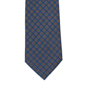 Blue silk tie, pink and green neat print
