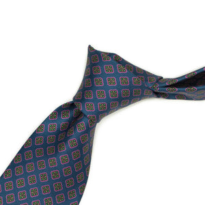 Blue silk tie, pink and green neat print
